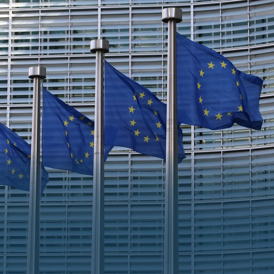 The flags of the EU stationed in Brussels.