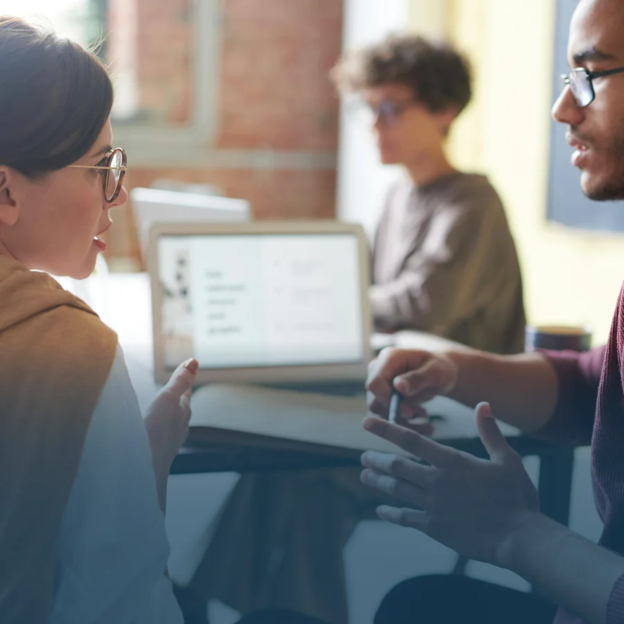 Employees discussing in a meeting.